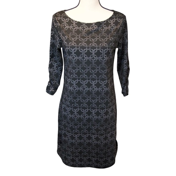 Lola Stretchy Rounded Neckline 3/4 Ruched Sleeve Chain Link Print Dress, MEDIUM - Picture 1 of 8